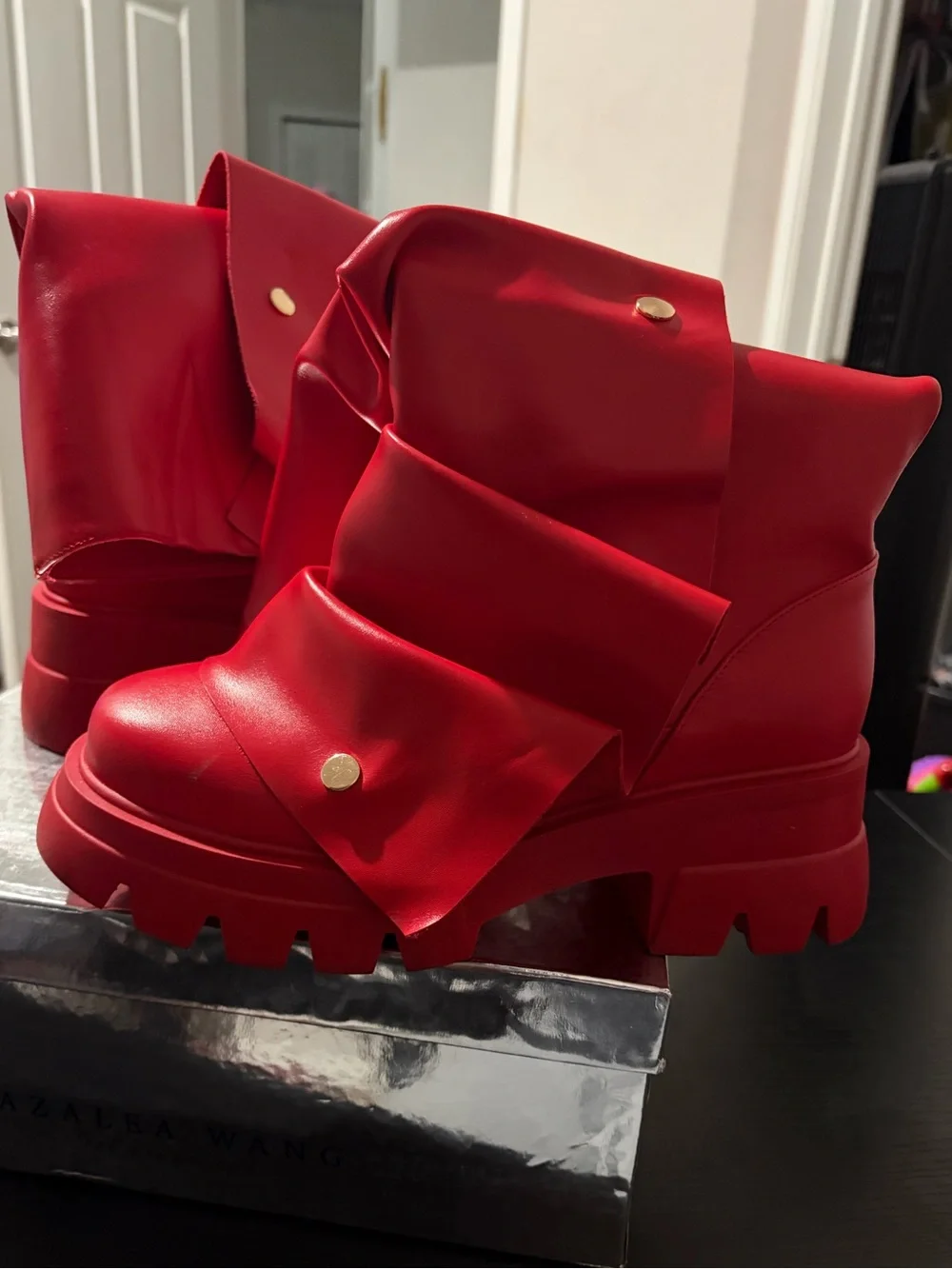 Red Chunky Ruched Boots (size: 10 women)